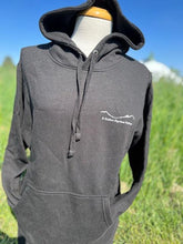 Load image into Gallery viewer, 3 Sisters Equine Refuge mountain logo on a hoodie
